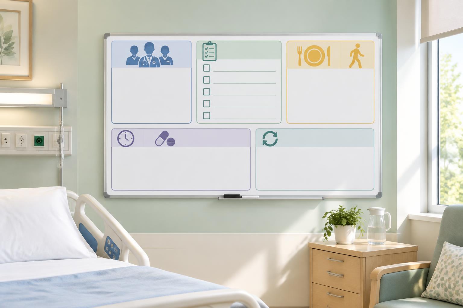 A hospital room with a bedside whiteboard divided into areas for care team names, today's plan, diet and mobility, schedules, and updates