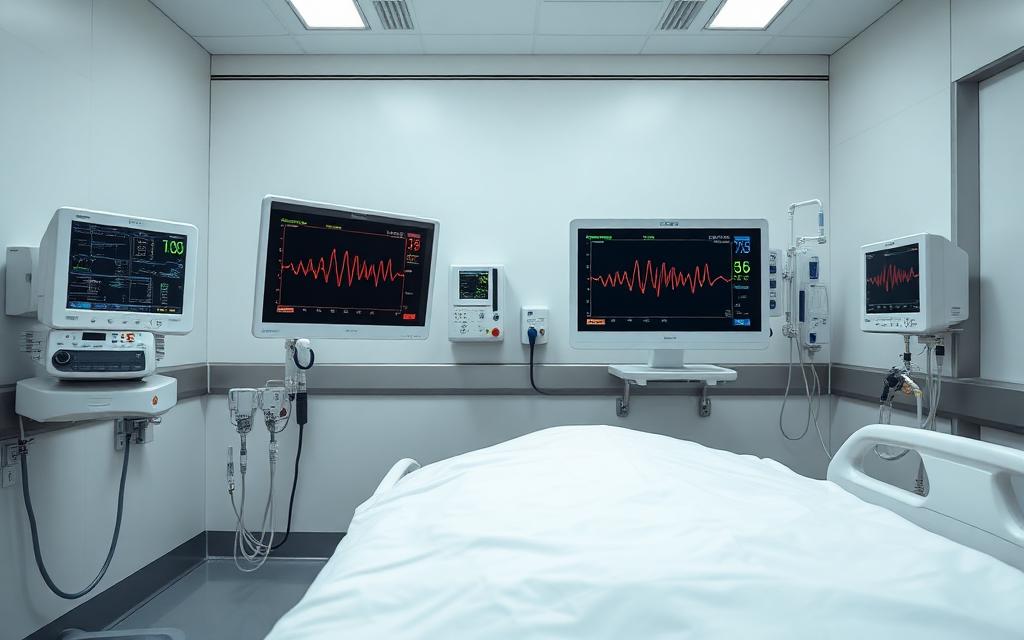 A modern cardiac care unit room with heart rhythm monitors beside the bed