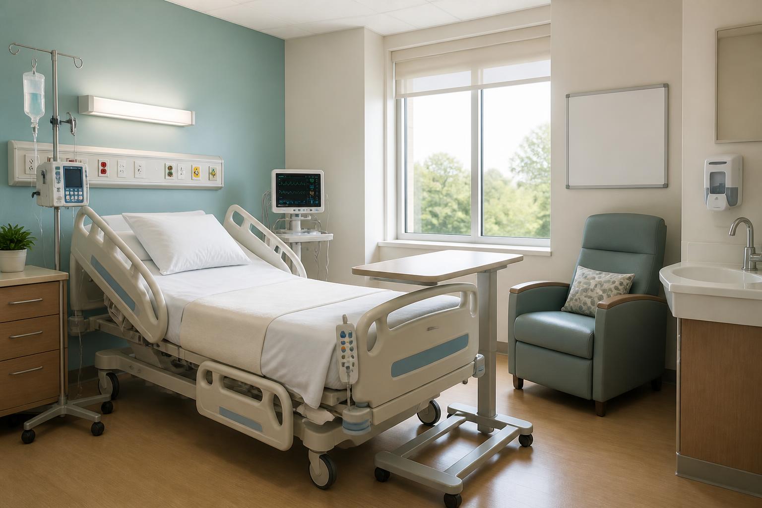 A typical hospital patient room with an adjustable bed and side rails, IV pole with an infusion pump, bedside vital signs monitor, call light remote clipped to the bed, rolling over-bed tray table, wall whiteboard, visitor recliner, and a sink with a hand-sanitizer dispenser.