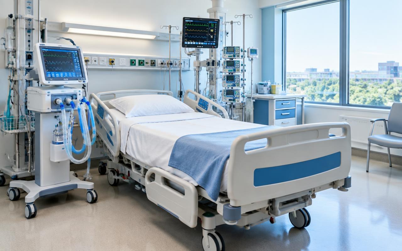 Modern intensive care unit room with monitoring and breathing equipment