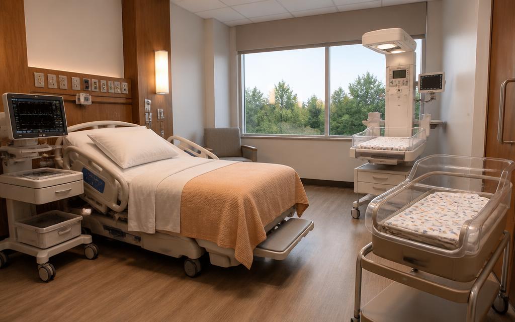 A modern maternity room with a birthing bed, bassinet, and infant warmer