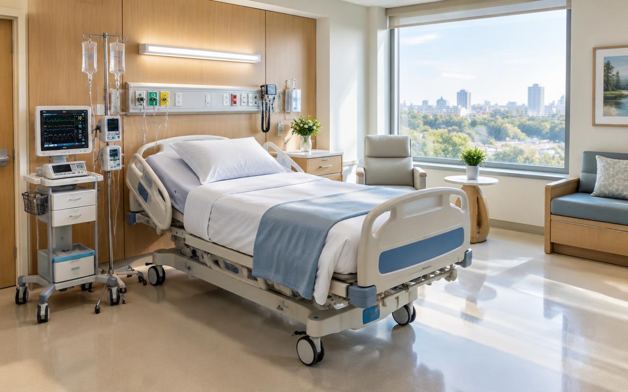 Modern medical-surgical hospital room prepared for patient care