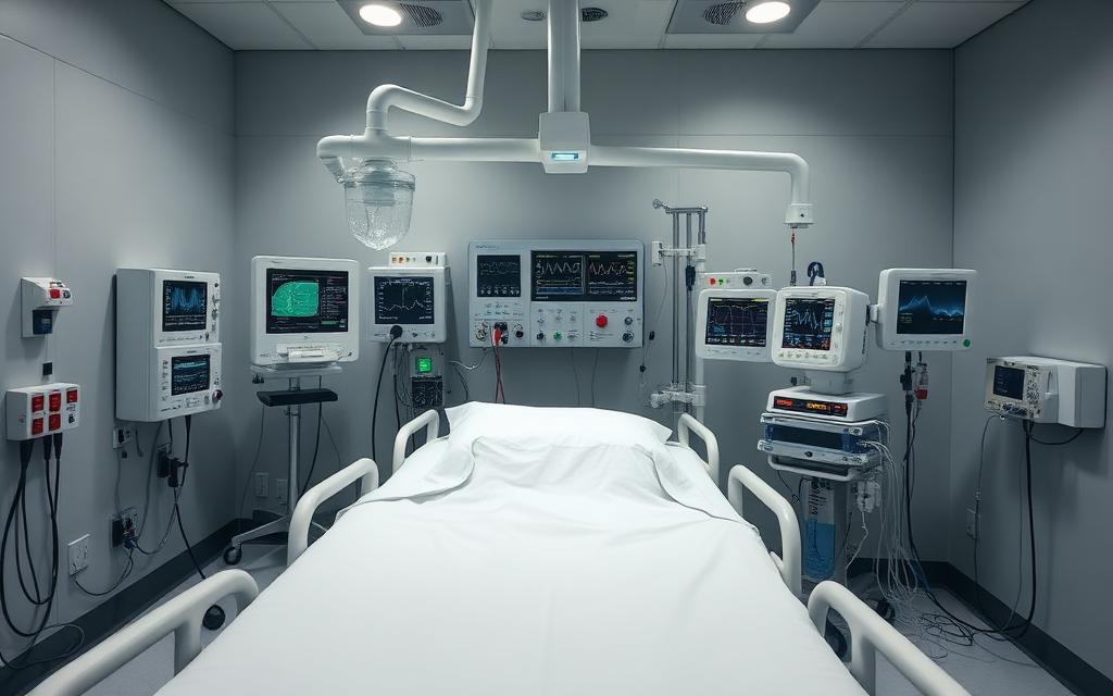 A neuro intensive care room with a ventilator and brain monitoring equipment