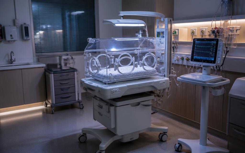 A NICU bay with an infant incubator and neonatal monitor
