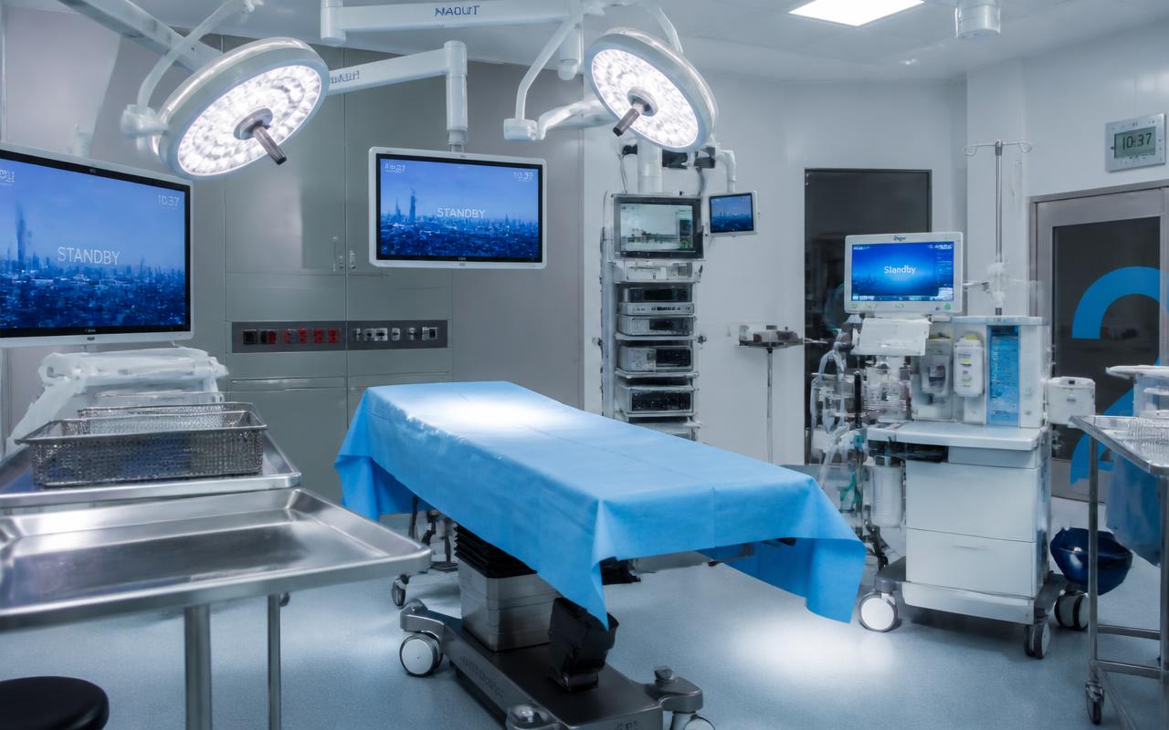 A modern operating room with LED surgical lights, sterile blue drapes, and monitors