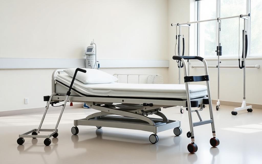 An orthopedic recovery room with a hospital bed, walker, and therapy bars