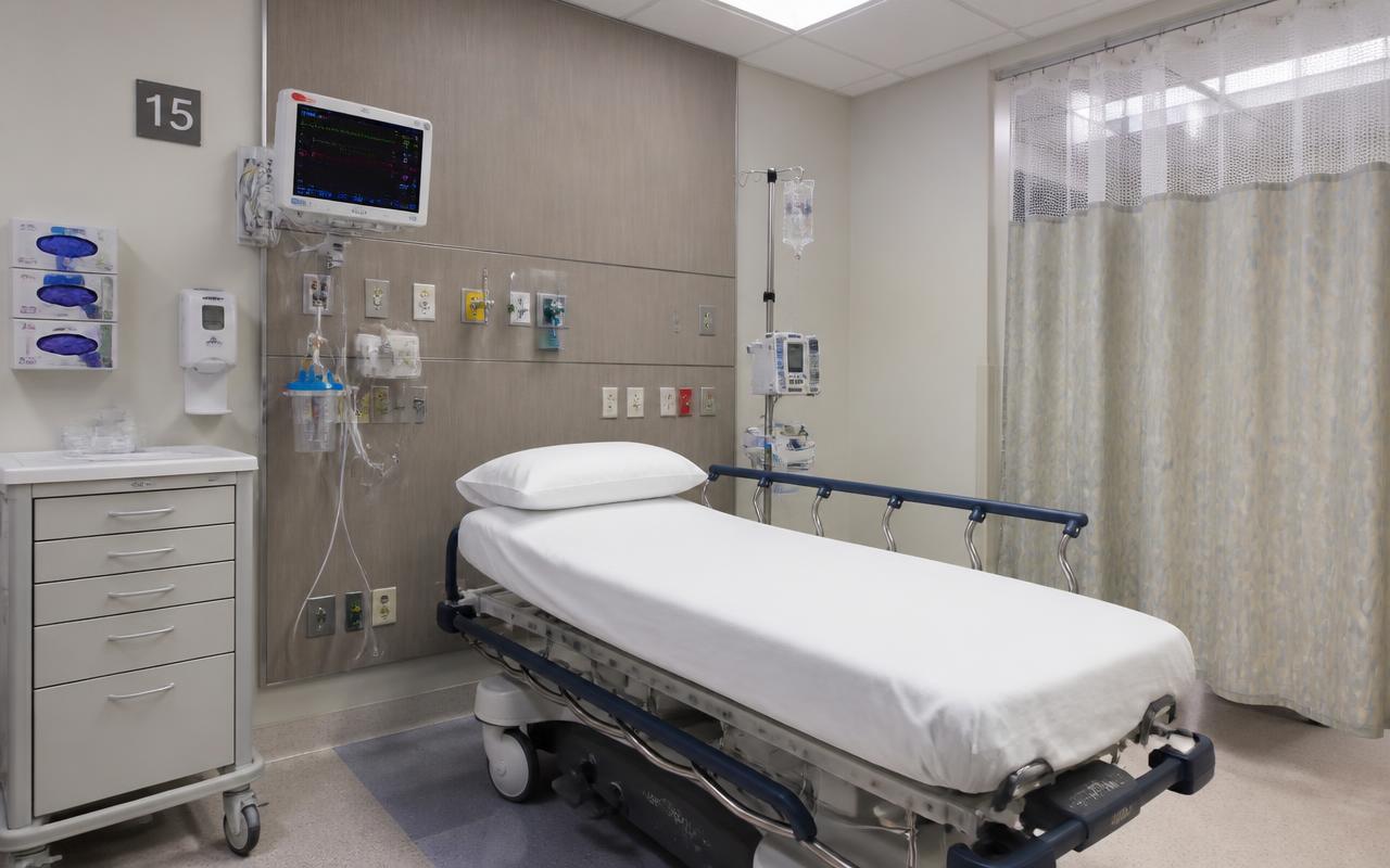 A modern recovery room bay with a stretcher, vital signs monitor, and IV pump