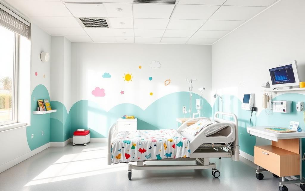 A bright pediatric hospital room with colorful bedding and a wall mural