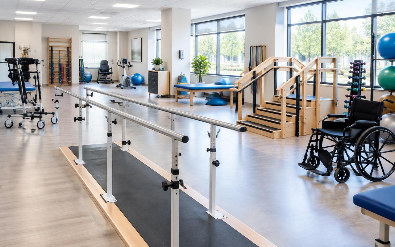Modern rehabilitation unit with mobility and therapy equipment