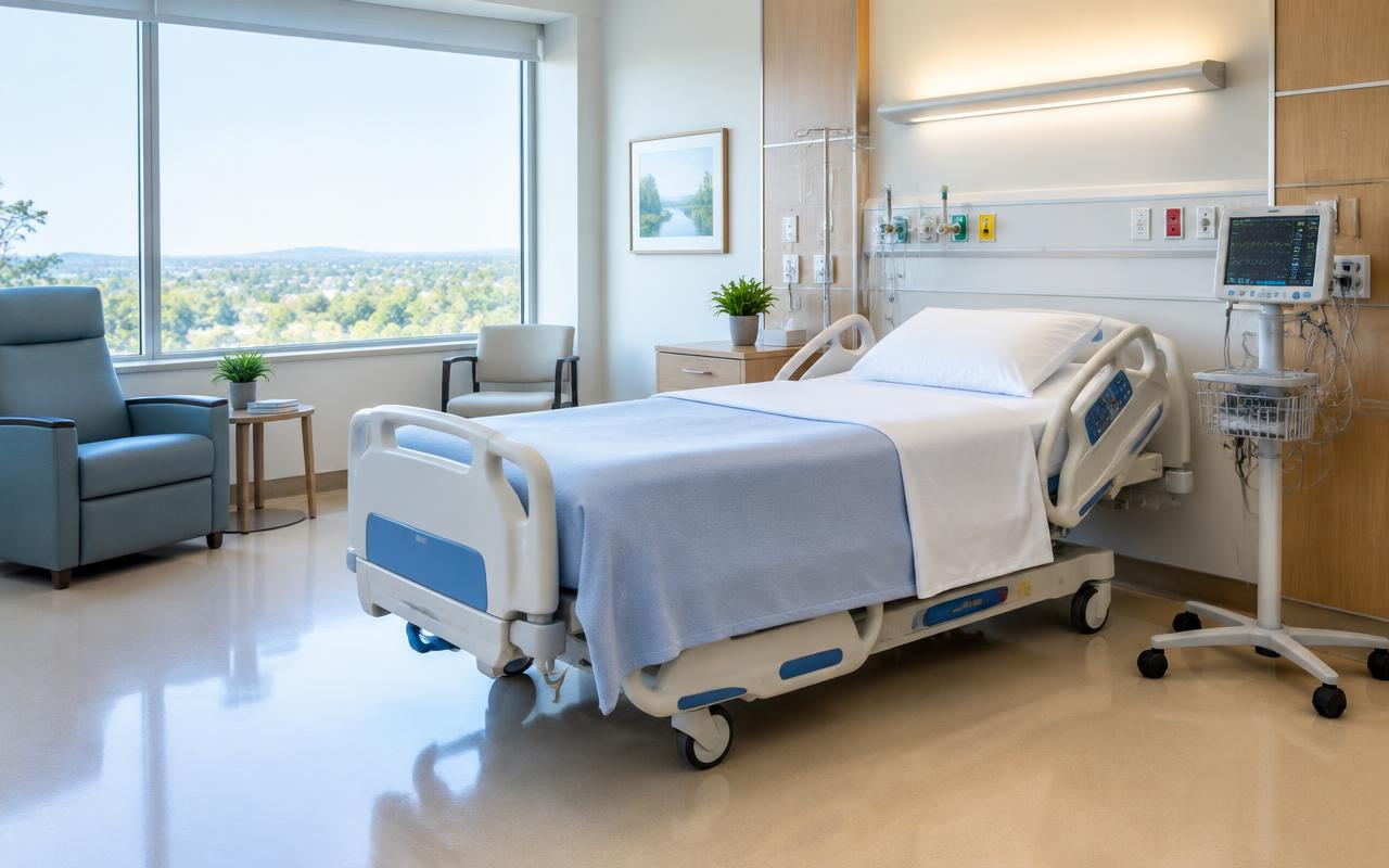 Modern progressive care unit hospital room with bedside monitoring