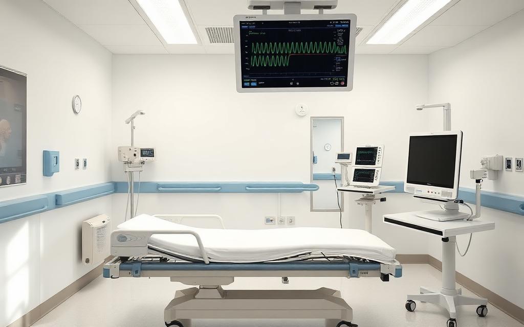 A stroke unit room with monitoring equipment and a therapy walking area