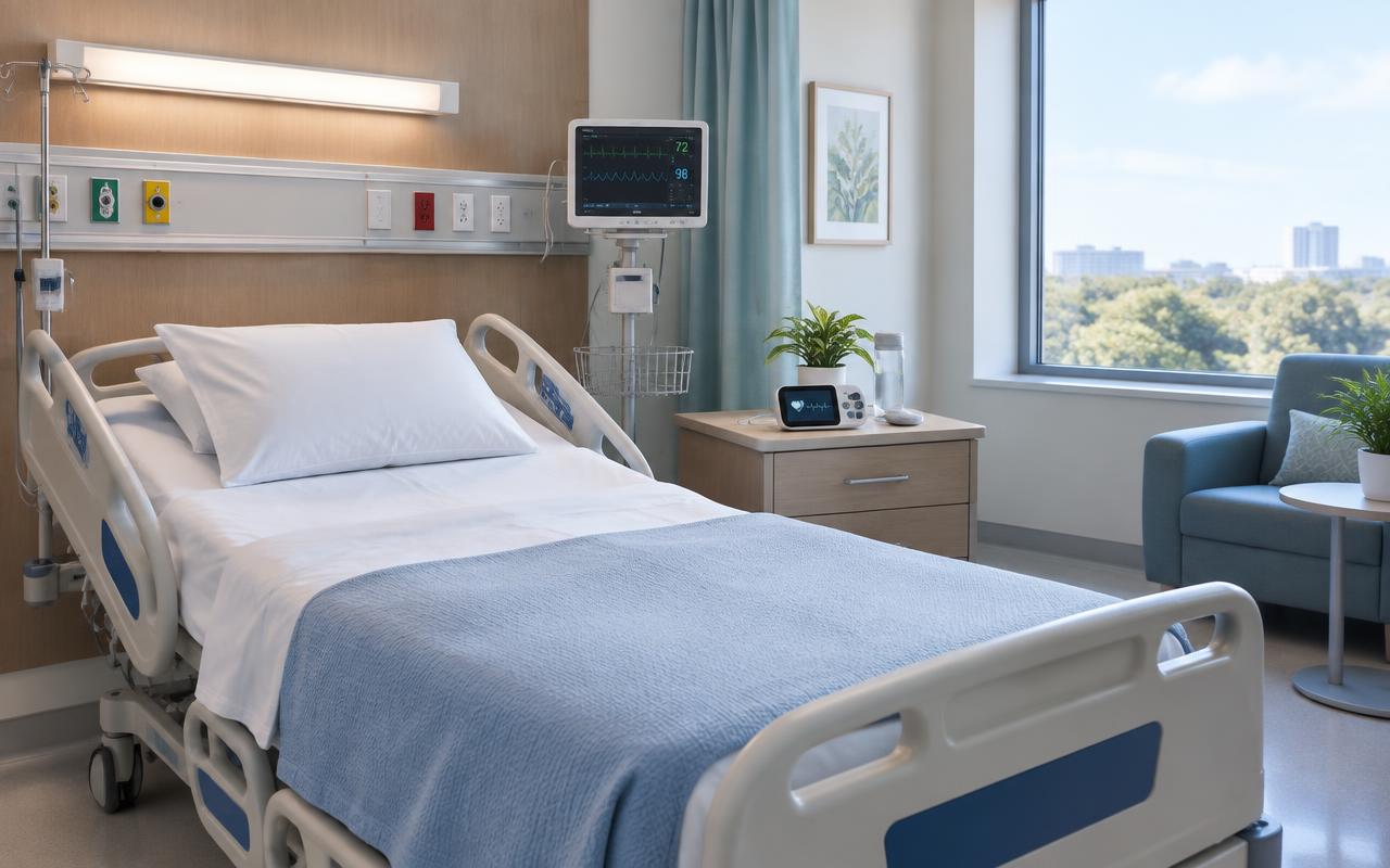 Modern telemetry hospital room with heart-monitoring equipment